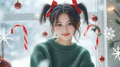  a young Asian female sits alone by a frosty window, wearing a playful green sweater Floating Christmas lights, candy canes, and snowflakes surround her photo