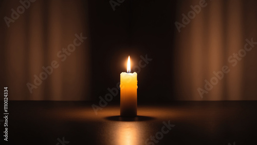 A single lit candle placed in the center of a dark room, its soft golden light spreading warmth and dispelling the darkness. The background fades into deep shadows, creating a sense of emerging hoping