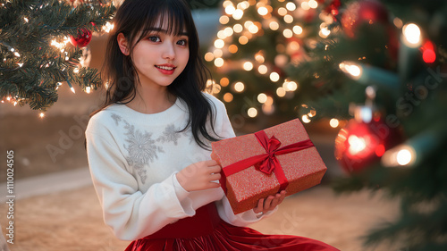 An Asian teen woman kneels by a beautifully decorated Christmas tree, eagerly opening a present wrapped in shimmering red paper. The tree lights twinkle in the background, enhancing the festive photo