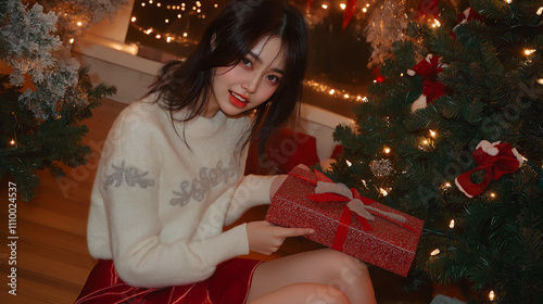 An Asian teen woman kneels by a beautifully decorated Christmas tree, eagerly opening a present wrapped in shimmering red paper. The tree lights twinkle in the background, enhancing the festive photo