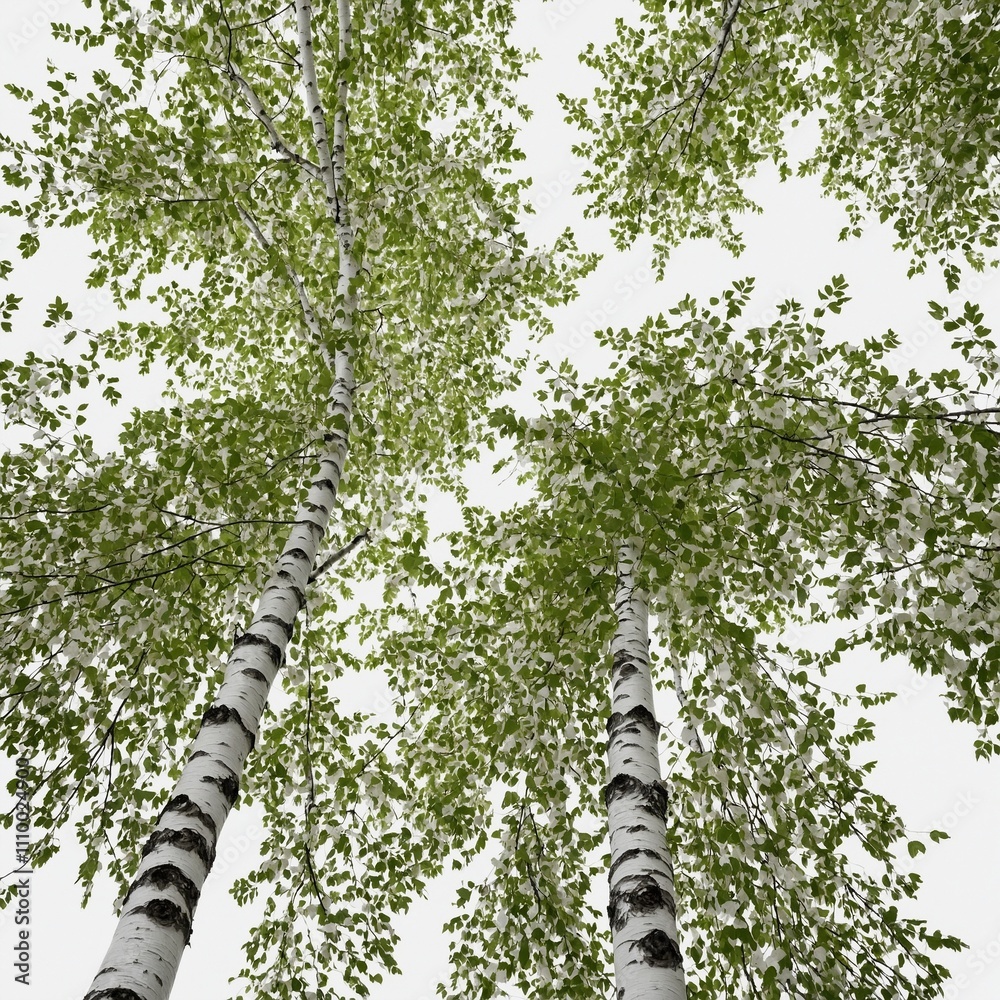 Fototapeta premium A slender birch tree with white bark and delicate green leaves, isolated on a white background.