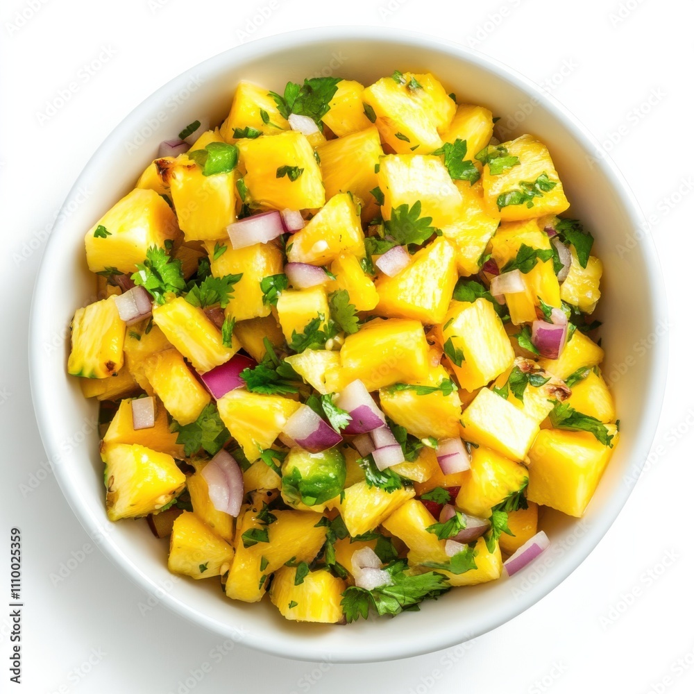 A tangy pineapple and mango salsa with diced pineapple, mango, red onion A tangy pineapple and mango salsa with diced pineapple, mango, red onion