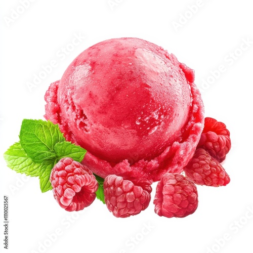 A tangy raspberry sorbet with mint leaves, isolated white background, impressionistic art style photo