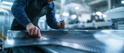 A close-up of a materials engineer inspecting composite materials in an aerospace manufacturing facility, with carbon fiber components and aerospace prototypes visible photo