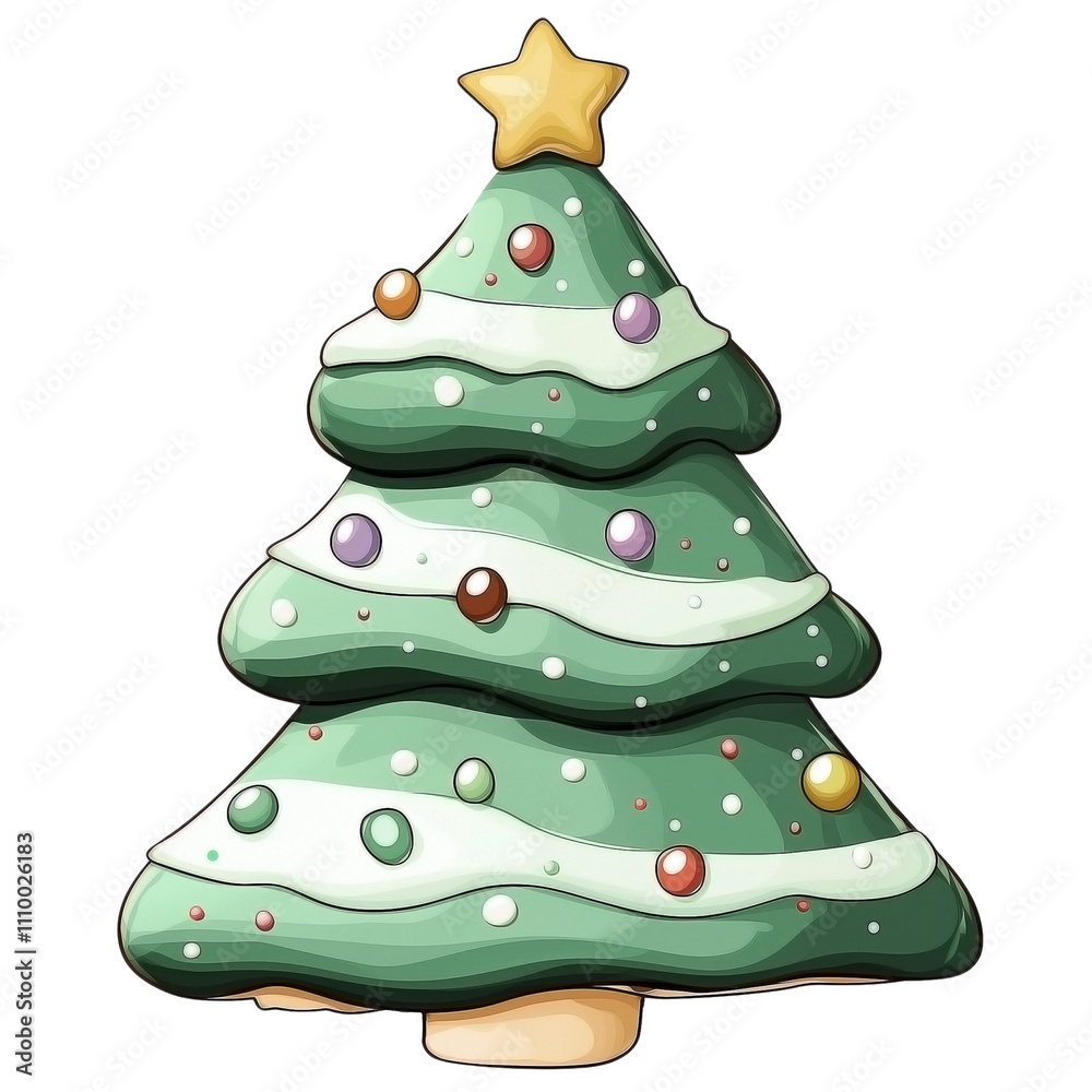 A sugar cookie shaped like a Christmas tree, decorated with green icing to mimic pine needles and small multicolored candy dots as ornaments. A golden star-shaped candy tops the tree. A sugar cookie shaped like a Christmas tree, decorated with green icing to mimic pine needles and small multicolored candy dots as ornaments. A golden star-shaped candy tops the tree.