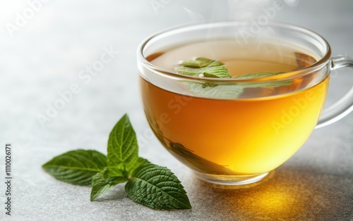 Tea leaves unfurling in glass cup, soft focus on steam, tea simplicity, natural flavors menu