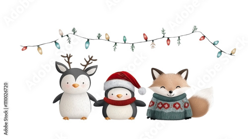 a baby penguin, a reindeer, and a tiny fox, all dressed in Christmas-themed costumes, isolated on transparent background. photo