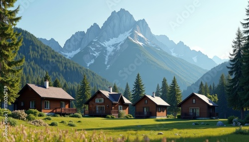 Mountain lodges in a serene alpine setting with snow-capped peaks in the background