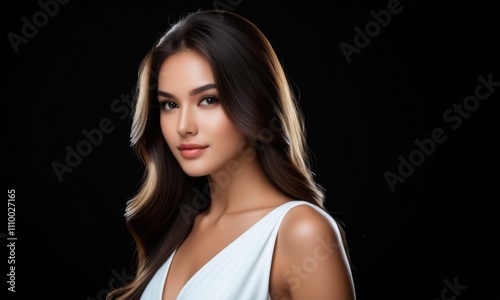 Elegant portrait of a woman in white dress on black background