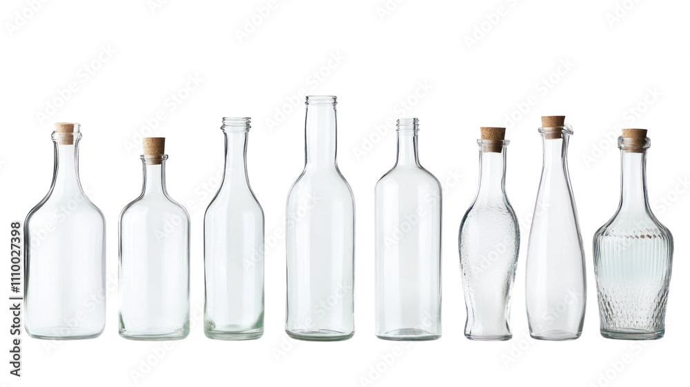 A collection of clear glass bottles with cork stoppers, varying in shape and size, suitable for storage or decoration. A collection of clear glass bottles with cork stoppers, varying in shape and size, suitable for storage or decoration.