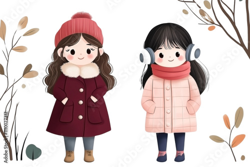 The first girl is dressed in a vintage-inspired burgundy cape with a faux fur-lined hood, The second girl contrasts her with a modern look--she’s wearing a sleek, pastel pink quilted winter coat, 