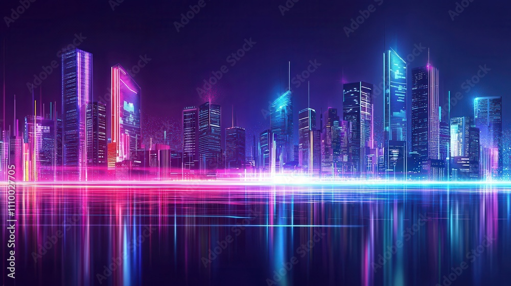 Neon cityscape action urban vibrancy digital art night view futuristic concept