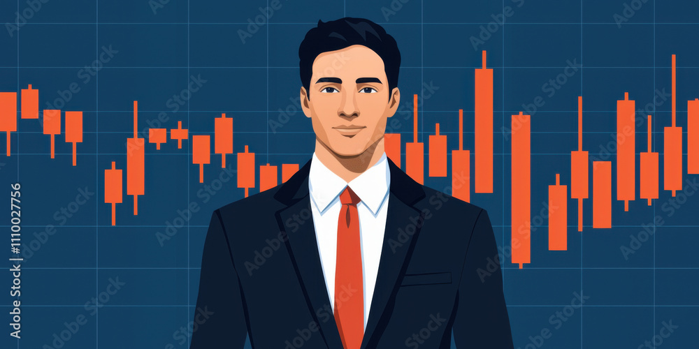 Businessman in suit with stock market indicators and rising trends Businessman in suit with stock market indicators and rising trends
