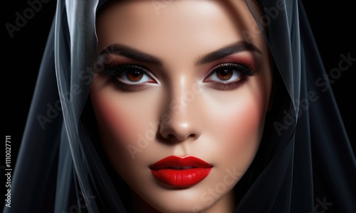 Elegant portrait of a woman with red lipstick and black veil on a black background