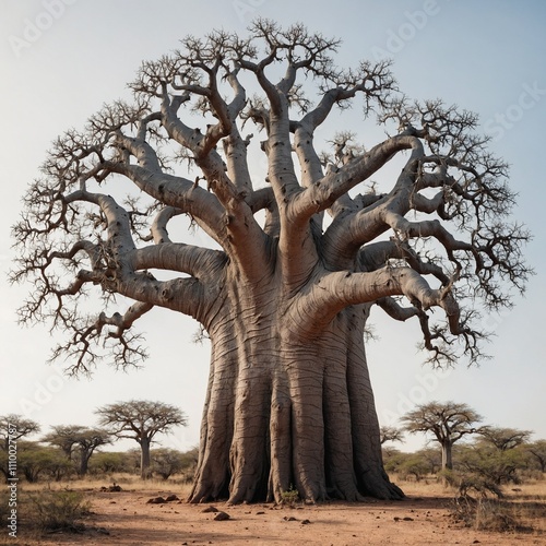 A baobab tree with a thick trunk and sparse leaves, drawn with intricate detail, on a white background.