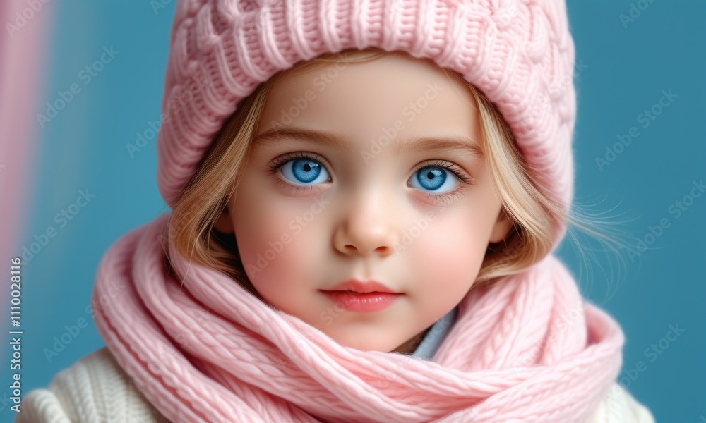 Charming child in pink winter hat and scarf with bright blue eyes against blue background Charming child in pink winter hat and scarf with bright blue eyes against blue background