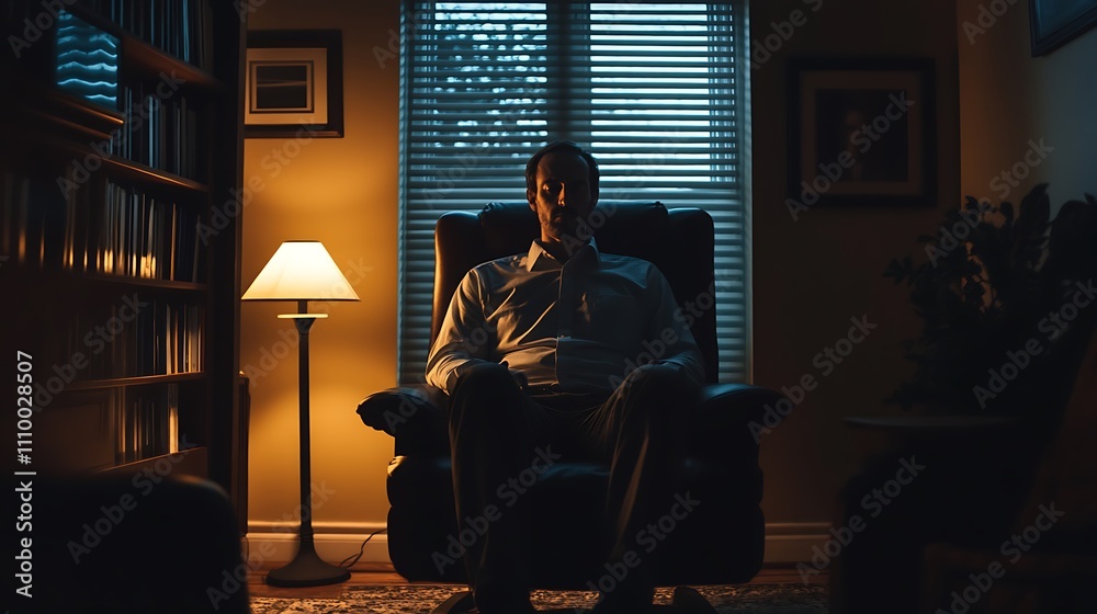 Man sits pensively in dimly lit room, leather recliner chair, near window and bookcase. Man sits pensively in dimly lit room, leather recliner chair, near window and bookcase.