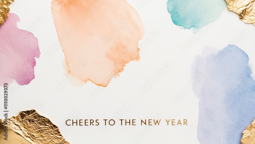 Fototapeta premium A white New Year card with a soft pastel watercolor wash in shades of peach, lilac, sky blue, gold with words Cheers to the New Year