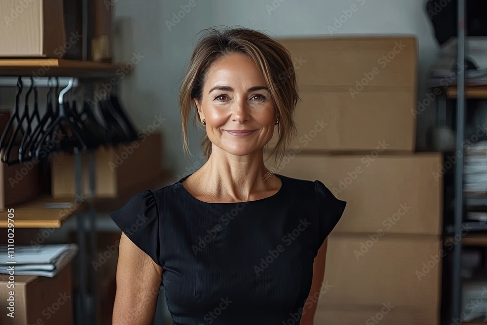 Portrait of a confident middle-aged woman in a black dress, standing in a warehouse. Portrait of a confident middle-aged woman in a black dress, standing in a warehouse.