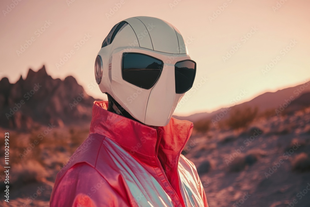 portrait of futuristic person in white cyberpunk alien helmet standing in desert portrait of futuristic person in white cyberpunk alien helmet standing in desert