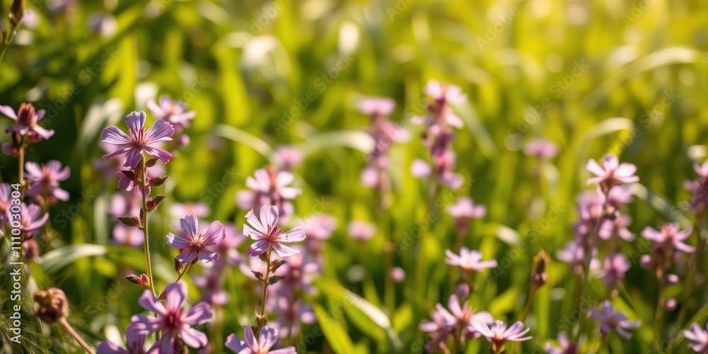 A delicate field of lavender blooms with a soft, blurry background of lush green foliage bathed in warm sunlight. A delicate field of lavender blooms with a soft, blurry background of lush green foliage bathed in warm sunlight.