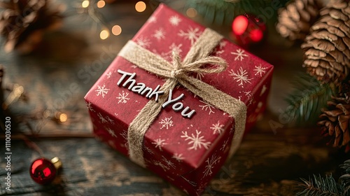 Red gift box with "Thank You" message, surrounded by pine cones, Christmas ornaments, and fairy lights on a wooden surface.