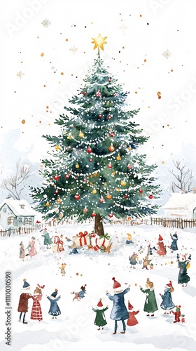 christmas tree in a little village at christmas eve surrounded by happy families, white background, childish illustrated watercolor art