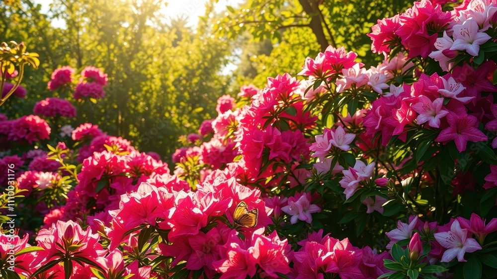 Obraz premium A butterfly perched on a vibrant pink flower, surrounded by a sea of blossoms in the sunlit garden.