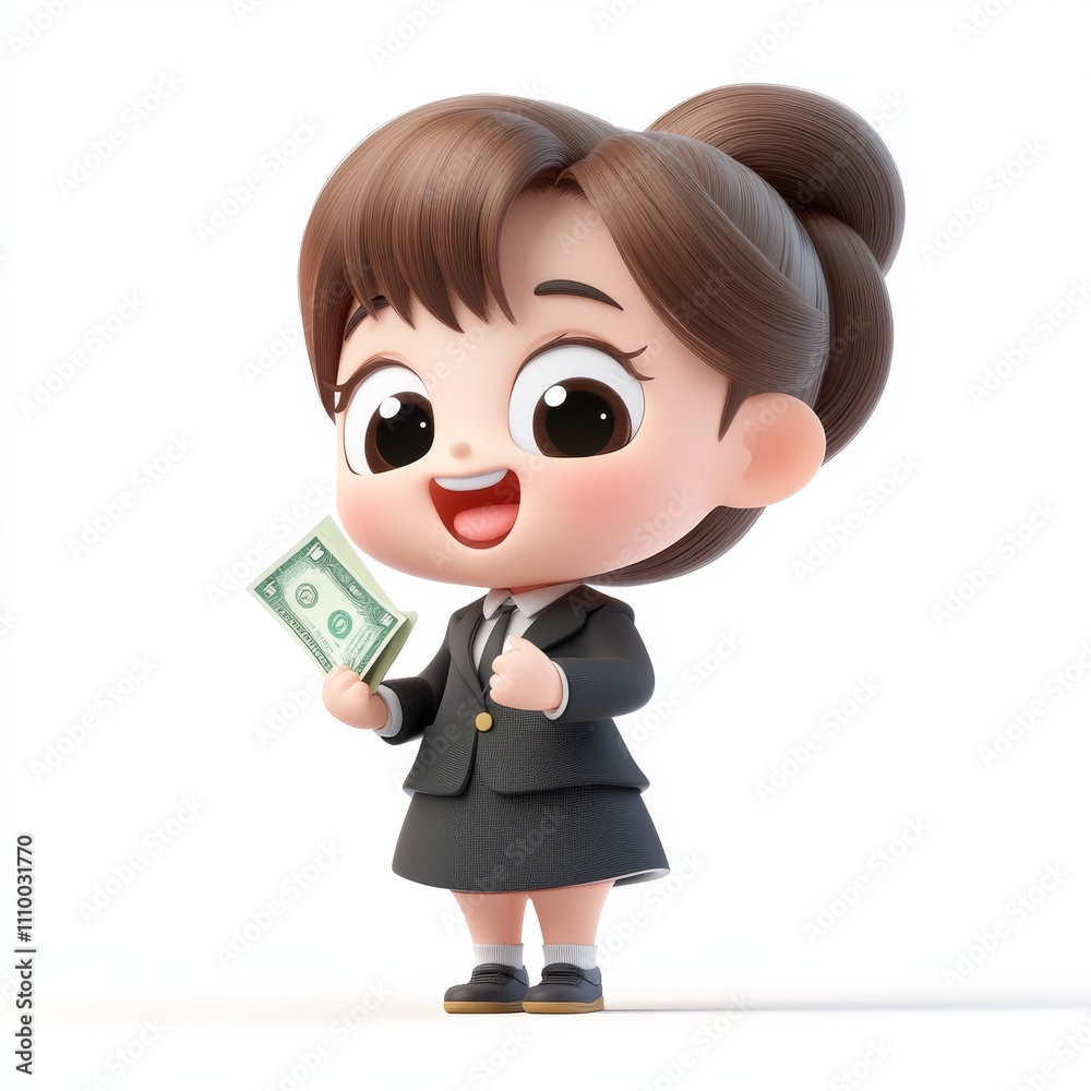 Cute Cartoon Businesswoman in Suit Holding Dollar Bill Cute Cartoon Businesswoman in Suit Holding Dollar Bill