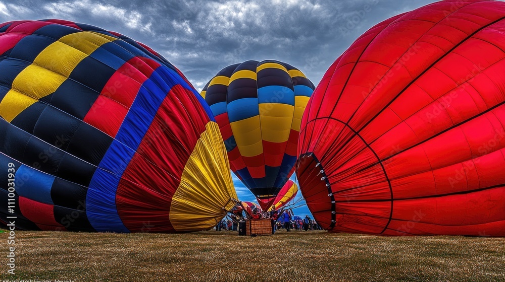 Obraz premium Colorful Hot Air Balloons Preparing for Takeoff at a Festival Under Dramatic Skies