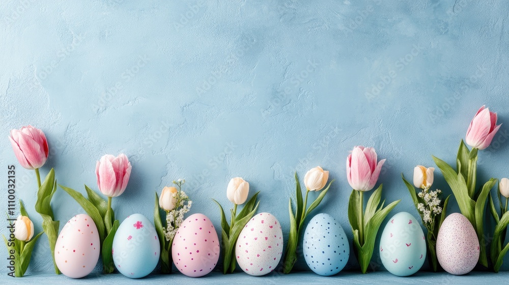 Colorful Easter Eggs and Tulips on Blue Background: Spring Celebration Scene Colorful Easter Eggs and Tulips on Blue Background: Spring Celebration Scene