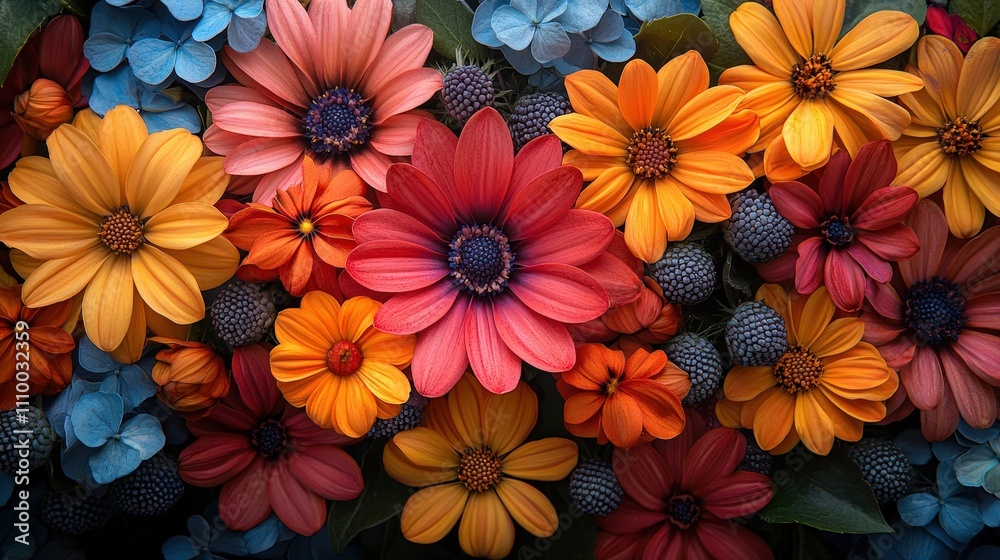 Vibrant bouquet of multicolored flowers bursting with life and energy in a sunlit arrangement Vibrant bouquet of multicolored flowers bursting with life and energy in a sunlit arrangement