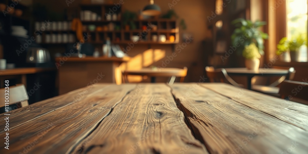 A Close-up of a Rustic Wooden Tabletop with a Blurred Background of a Cafe Interior A Close-up of a Rustic Wooden Tabletop with a Blurred Background of a Cafe Interior