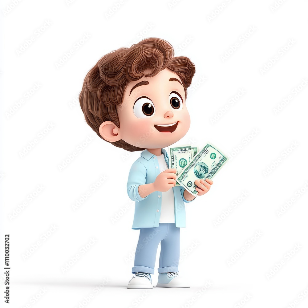 Cute Cartoon Child Holding Banknotes in 3D Style Illustration Cute Cartoon Child Holding Banknotes in 3D Style Illustration