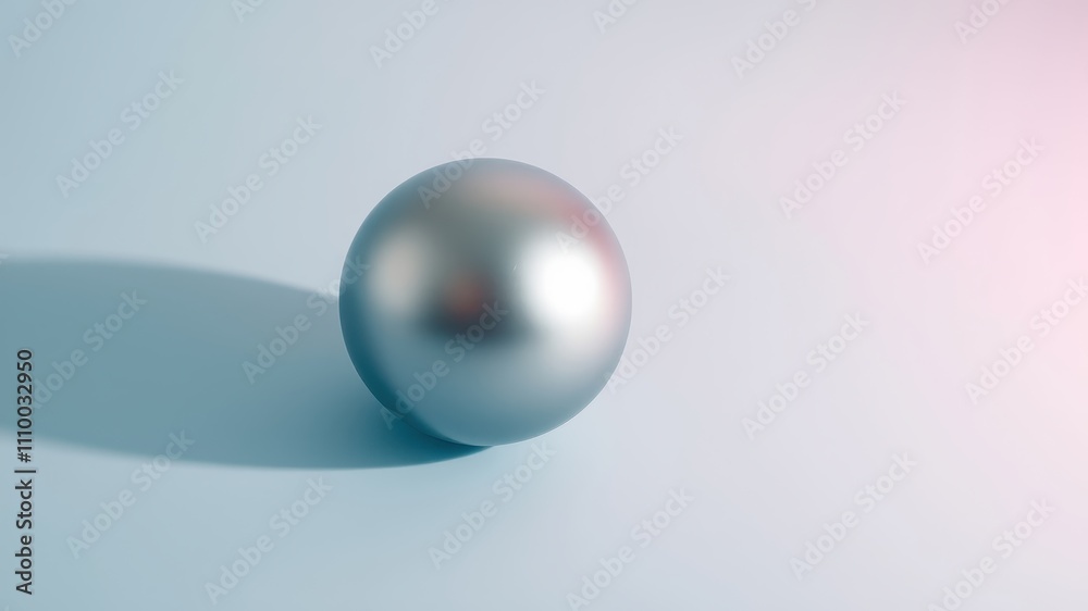 A single silver sphere casts a shadow on a light blue background, reflecting the subtle gradient of the soft pink hue in the distance. A single silver sphere casts a shadow on a light blue background, reflecting the subtle gradient of the soft pink hue in the distance.
