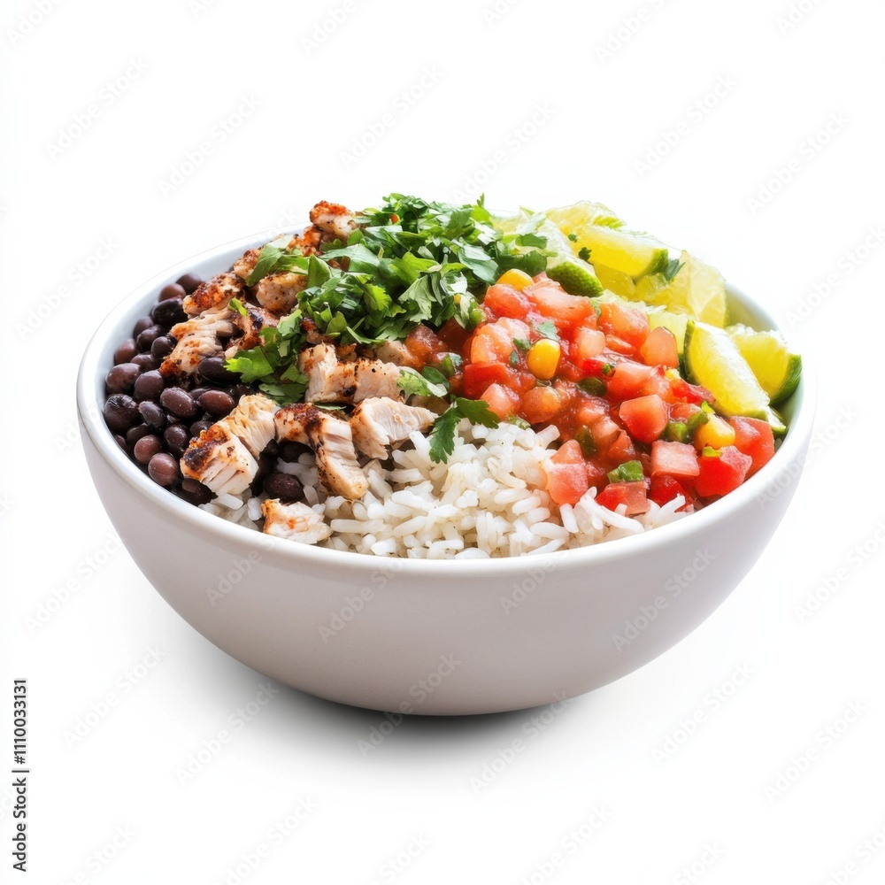 A Tex-Mex burrito bowl with cilantro lime rice, black beans, and salsa A Tex-Mex burrito bowl with cilantro lime rice, black beans, and salsa