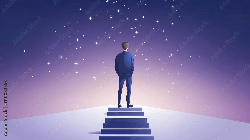 Contemplative Journey: Man on Staircase Gazing into Starry Night Sky Contemplative Journey: Man on Staircase Gazing into Starry Night Sky