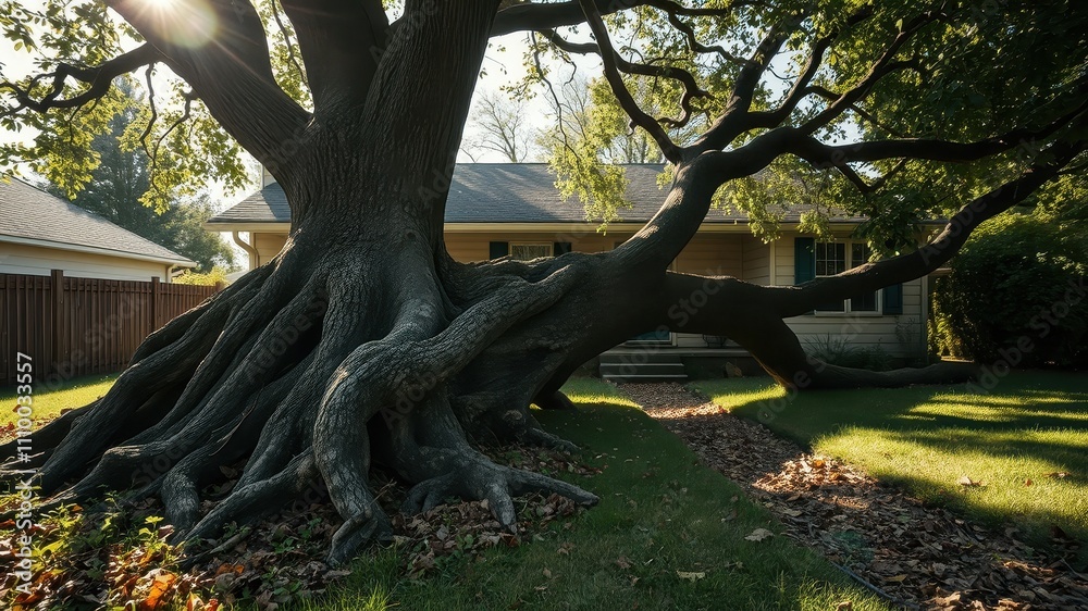 A large tree with thick roots and branches reaching out towards a quaint home in the sunlight. A large tree with thick roots and branches reaching out towards a quaint home in the sunlight.