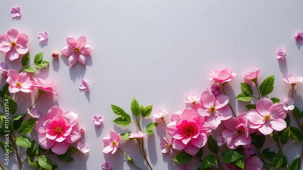 Delicate Pink Flowers Scattered Across a Soft White Background, Creating a Floral Arrangement with Subtle Shadows and a Gentle Whimsical Vibe Delicate Pink Flowers Scattered Across a Soft White Background, Creating a Floral Arrangement with Subtle Shadows and a Gentle Whimsical Vibe