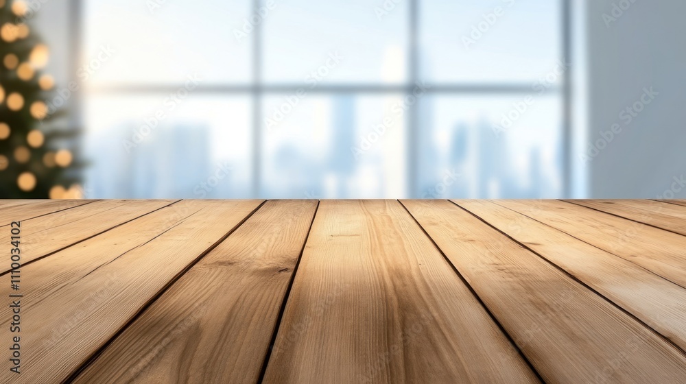 Rustic Wooden Table with Blurred Christmas Scene in the Background Rustic Wooden Table with Blurred Christmas Scene in the Background