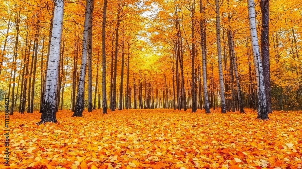 Fototapeta premium Golden Autumn Forest with Fallen Leaves