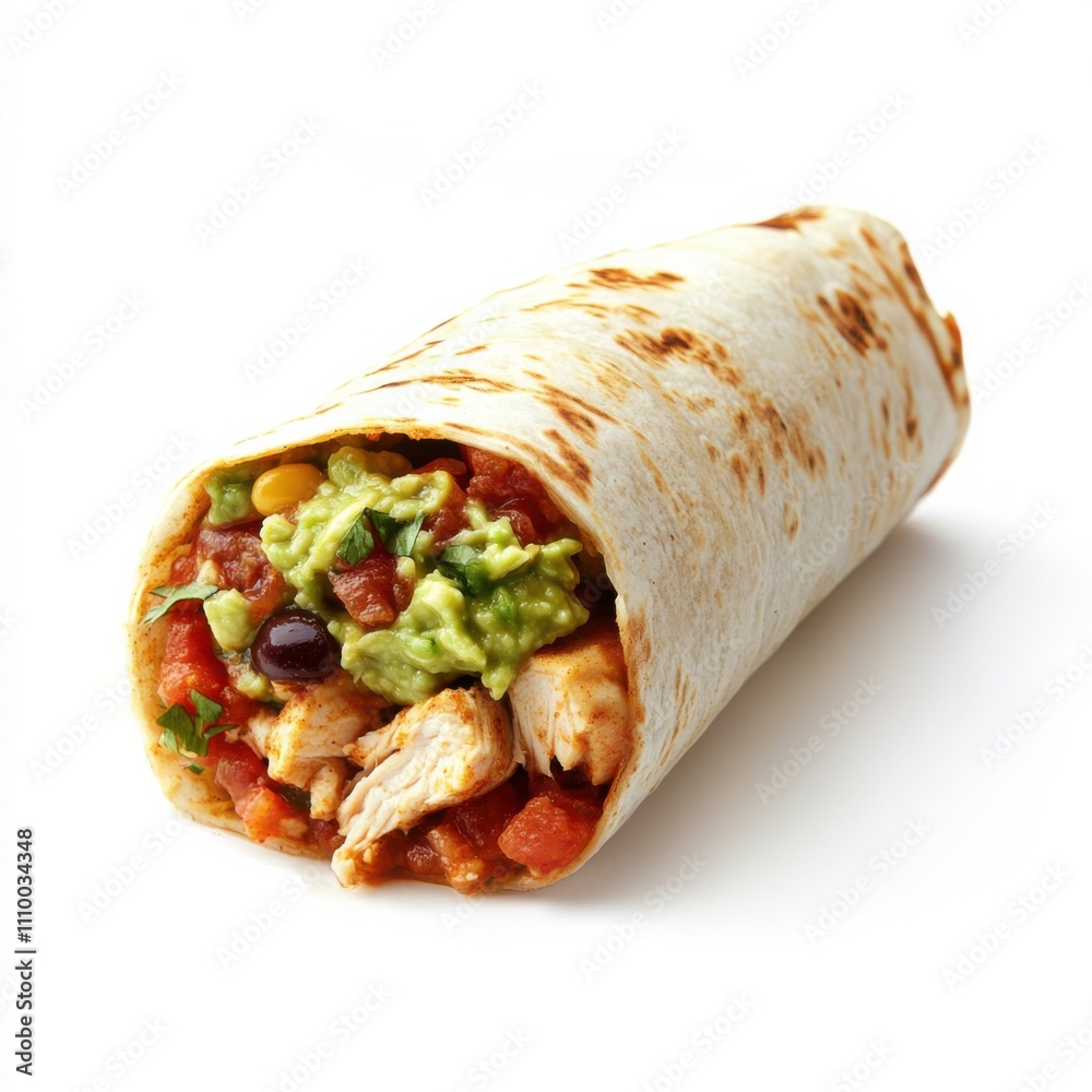 A Tex-Mex chicken burrito with salsa and guacamole, isolated white background, minimalist art style A Tex-Mex chicken burrito with salsa and guacamole, isolated white background, minimalist art style