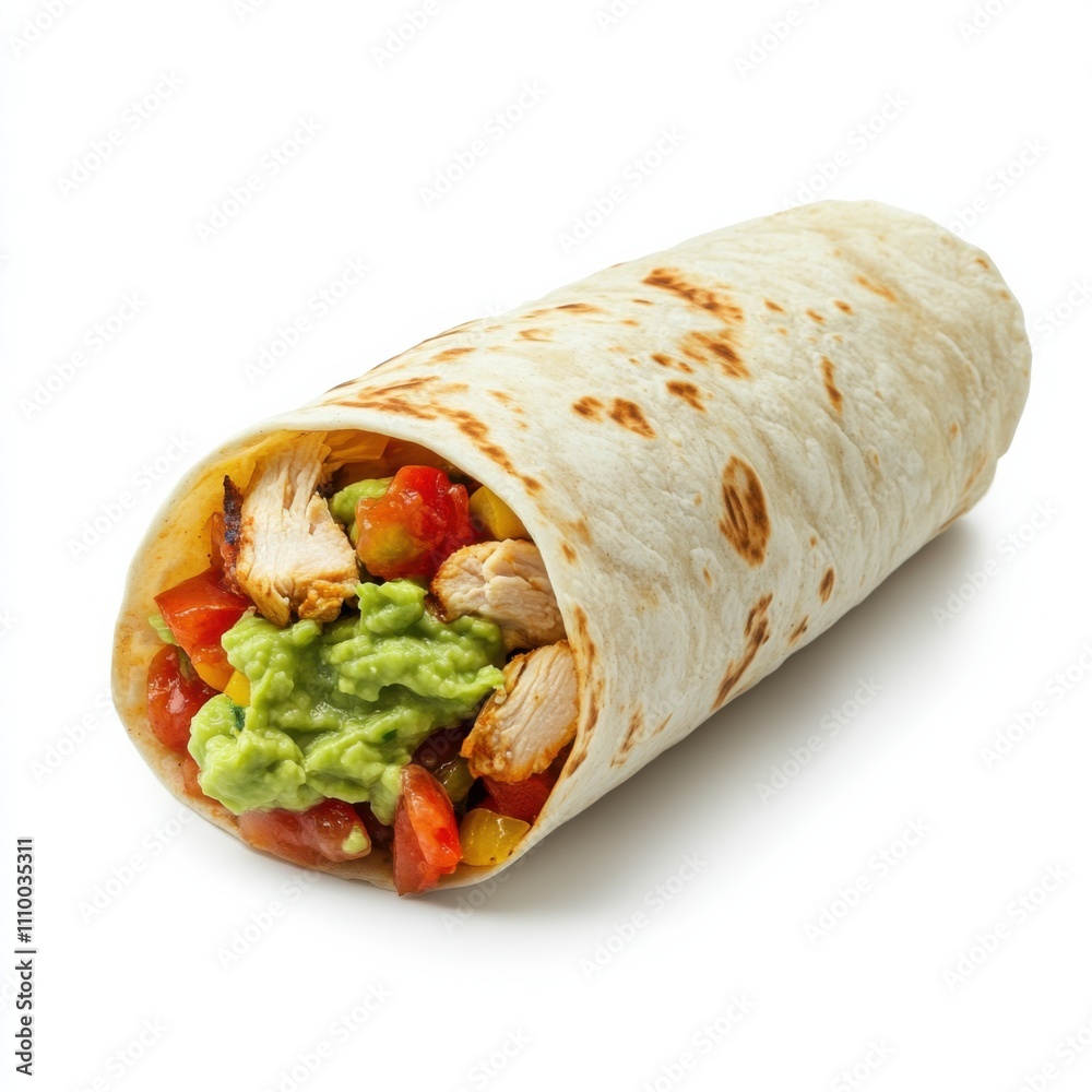 A Tex-Mex chicken fajita wrap with guacamole and salsa, isolated white background, minimalist art style A Tex-Mex chicken fajita wrap with guacamole and salsa, isolated white background, minimalist art style