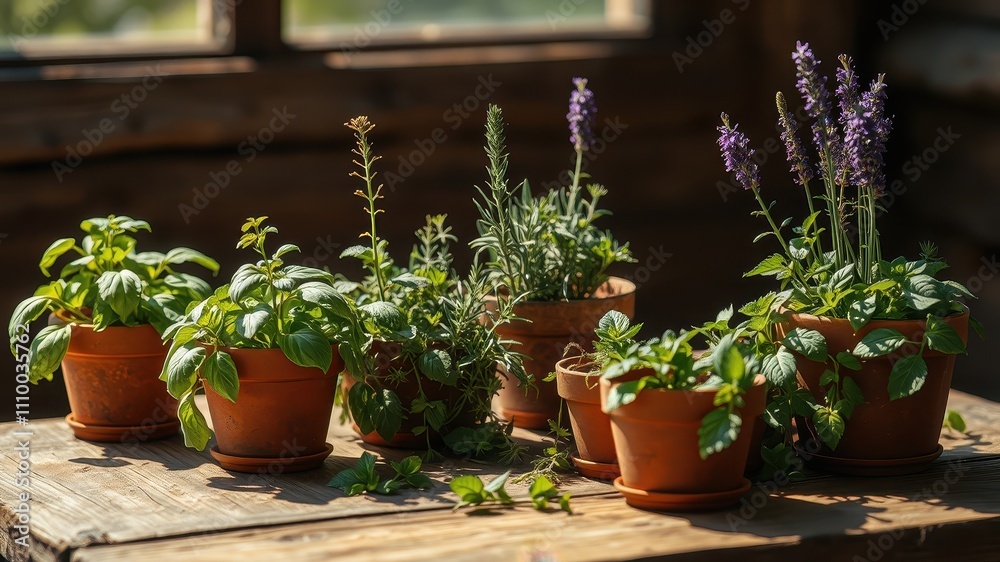 A collection of potted herbs, including lavender, basil, and mint, bathed in the warm glow of sunlight, showcasing the vibrant green foliage and earthy terracotta pots. A collection of potted herbs, including lavender, basil, and mint, bathed in the warm glow of sunlight, showcasing the vibrant green foliage and earthy terracotta pots.