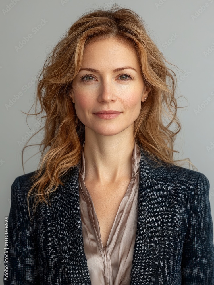 Fototapeta premium A poised businesswoman exudes confidence while wearing a tailored navy blazer and silk blouse. Natural light accentuates her features against a soft grey backdrop