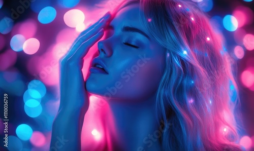 A woman with closed eyes holds her head in pain, surrounded by bright blue and pink lights.