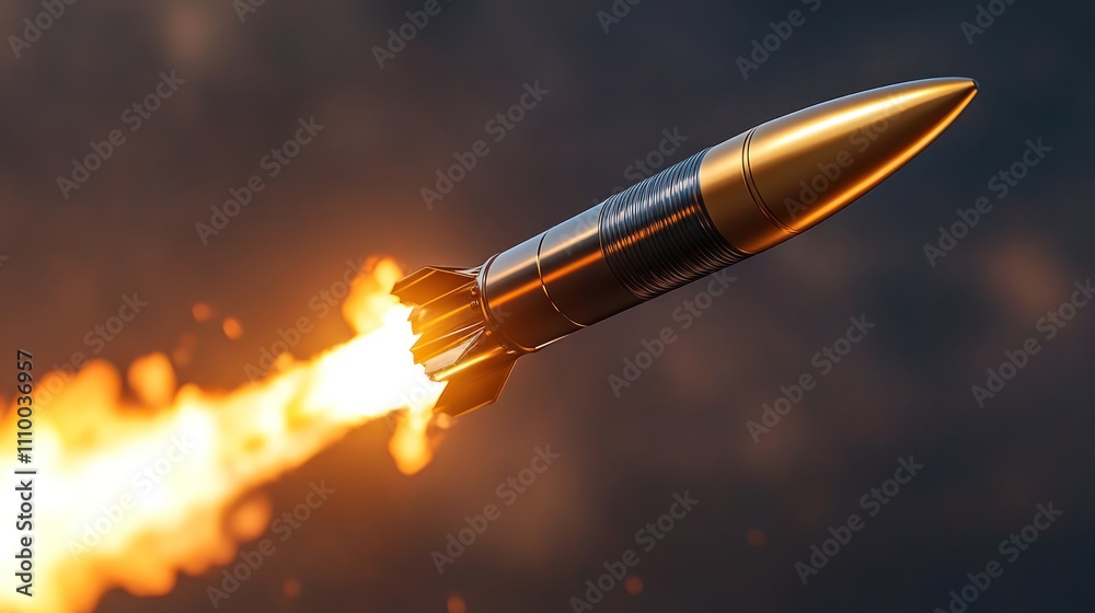 Rocket Ascending Through Bright Sky with Trail of Flames - Displaying Speed and Power Rocket Ascending Through Bright Sky with Trail of Flames - Displaying Speed and Power