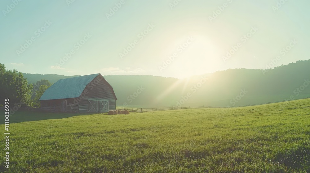 Golden Light Over Lone Wooden Barn in Open Green Field with Rustic Charm and Nostalgic Atmosphere -Generative AI Golden Light Over Lone Wooden Barn in Open Green Field with Rustic Charm and Nostalgic Atmosphere -Generative AI