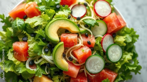 A vibrant salad with diced watermelon, avocado slices, cucumber rounds, radish slices, black beans, and fresh lettuce in a white bowl