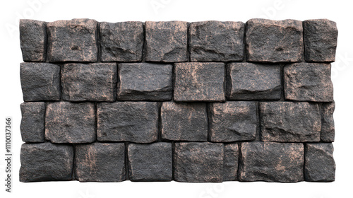 A textured stone wall made of dark, rough stones arranged in a rectangular formation. photo